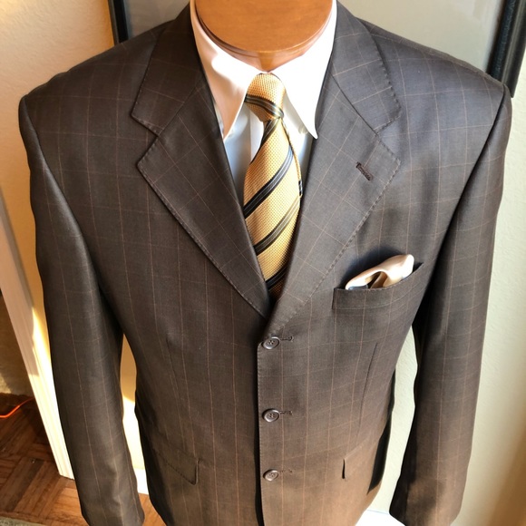 Pierre Políni de France Wool and Cotton 3 Button Brown Windowpane Size 40L